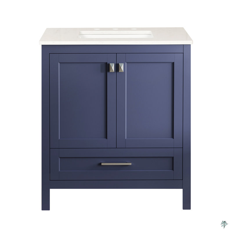 Meuble-lavabo autoportant de 30 pouces avec lavabo, comptoir en marbre d'ingénierie Carrara avec lavabo rectangulaire encastré en céramique, grande porte de rangement à fermeture en douceur