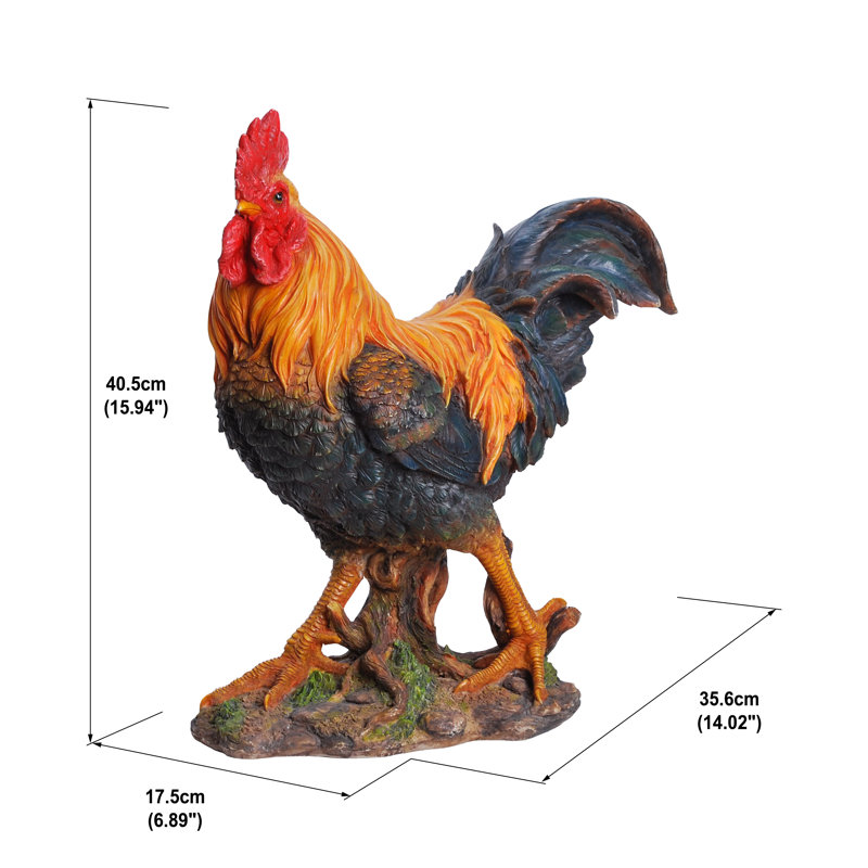 Majestic Black and Orange Resin Rooster Figurine, 16" Tall