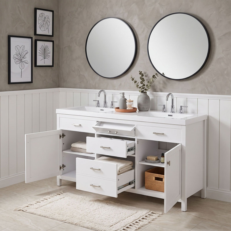 Meuble-lavabo double avec tiroirs et tablette réglable