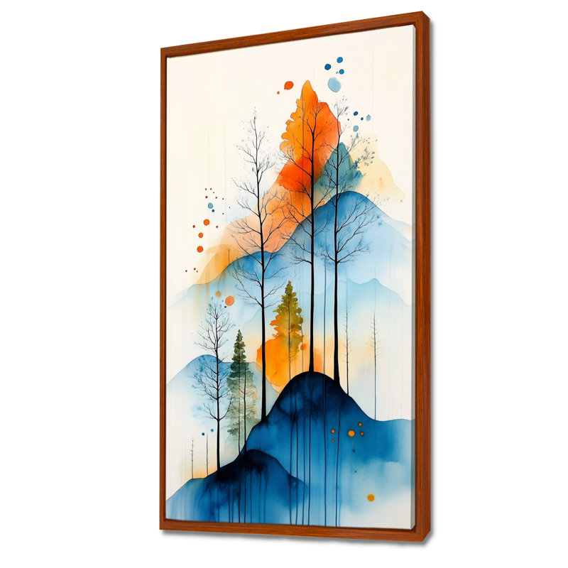 «Blue Orange Vibrant Mountain Trees I», reproduction d'art encadrée sur toile, H 32 po x l 16 po, Cadre flottant brun