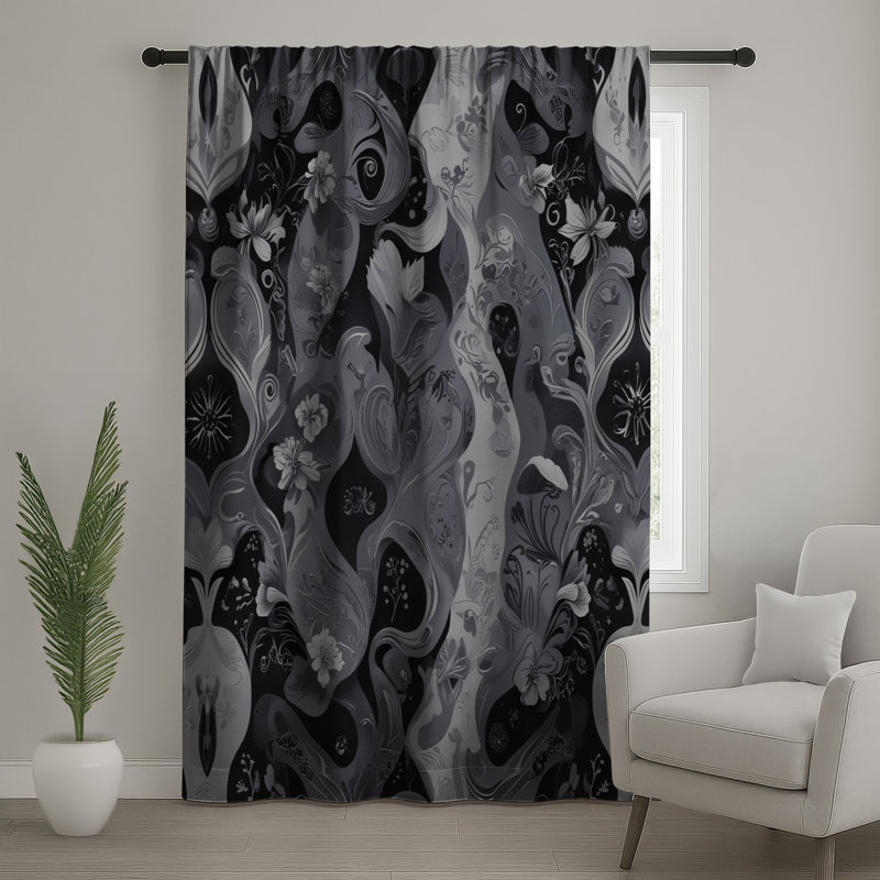 Black White Floral Pattern Window Curtains, Floral Sheer & Blockout Curtains - 1 Panel, 50 po x 92 po - 1 panneau