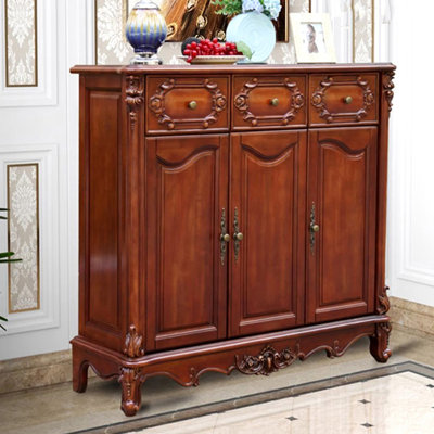 European Style Oak Wood Carved Accent Cabinet