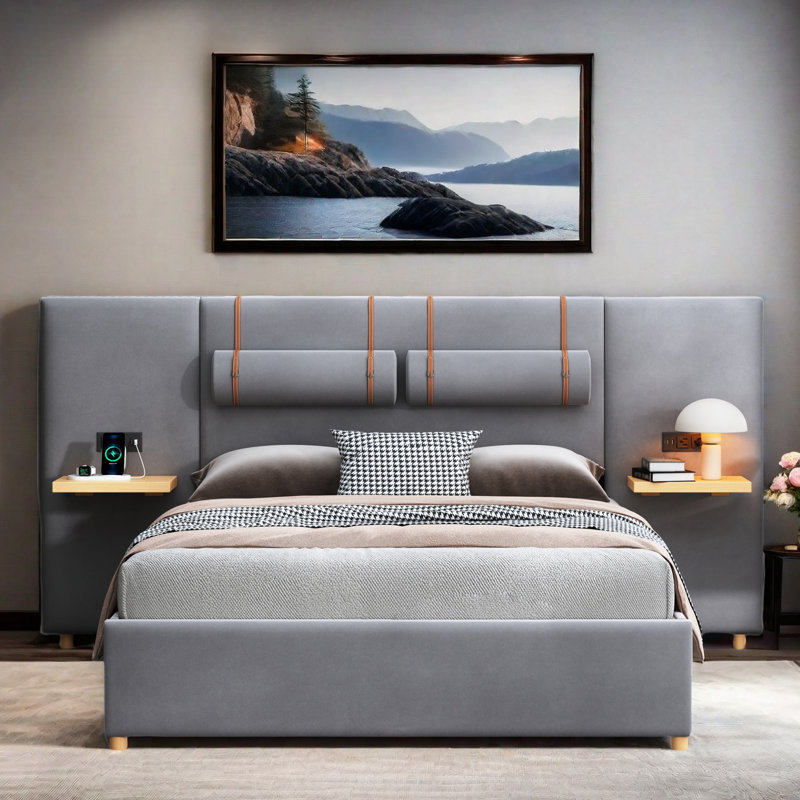 Lit plateforme tapissier avec deux coussins de chevet, tablettes de rangement, deux prises et port USB, Grand, gris