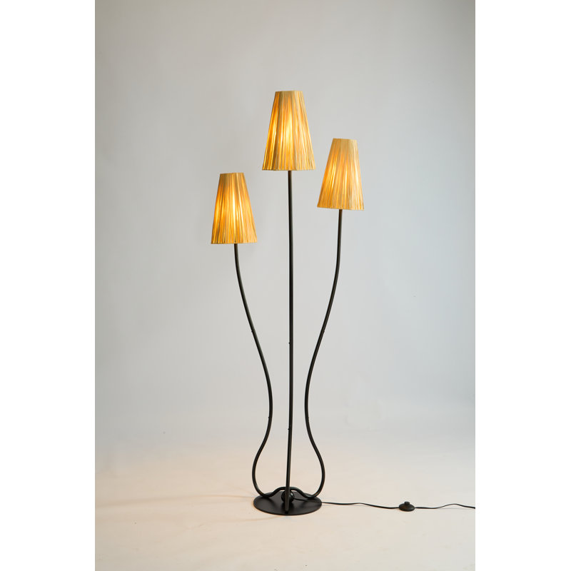 Lampe sur pied rétro avec poteaux courbés et abat-jour en raphia, température de couleur réglable