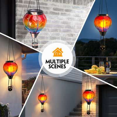 Solar Hot Air Balloon Hanging Lantern, Outdoor Flickering Flame Solar Light, IP65 Waterproof Decorative Pendant Light for Tree, Patio, Garden