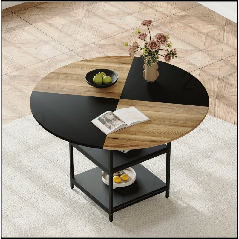 Table de salle à manger de 47,3 pouces de diamètre à épissure circulaire avec rangement double couche, en bois et en forme de ventilateur noir pour l'esthétique et la fonctionnalité de la maison