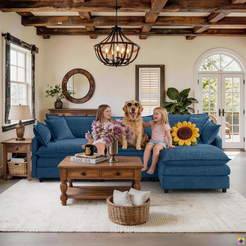 Aariketh 105"W Modular Chenille LAF RAF Sectional, Sofa Couch, 3 Seater, Blue Chenille