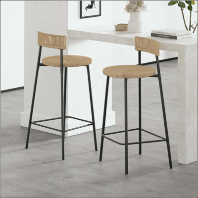 Tabourets de bar tissés à la main avec dossier, ensemble de 2 tabourets ronds en corde de papier avec repose-pieds pour îlot de cuisine et salle à manger