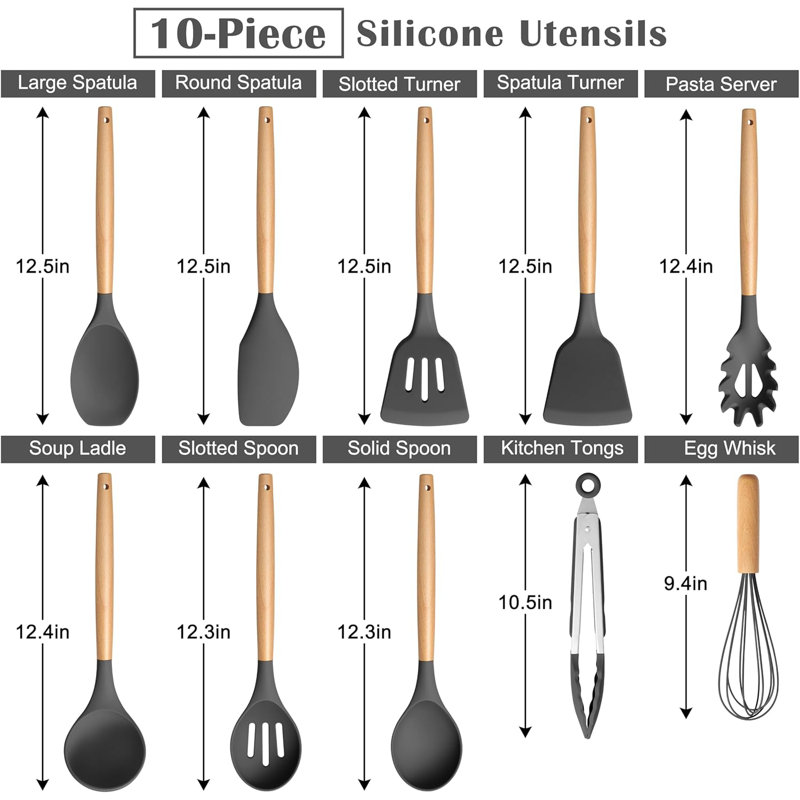 10-Piece Silicone Cooking Utensils Set With Wooden Handle, Heat Resistant Nonstick Kitchen Tools For Safe And Healthy Cooking