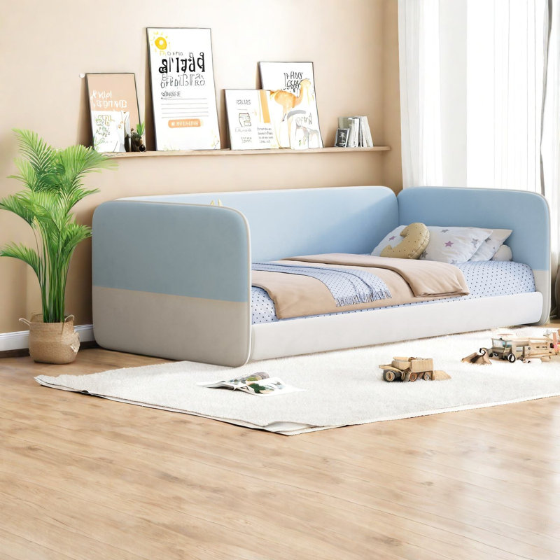Lits jumeaux sécurisés au sol, cadre en bois en velours bleu, style Montessori moderne, Bleu