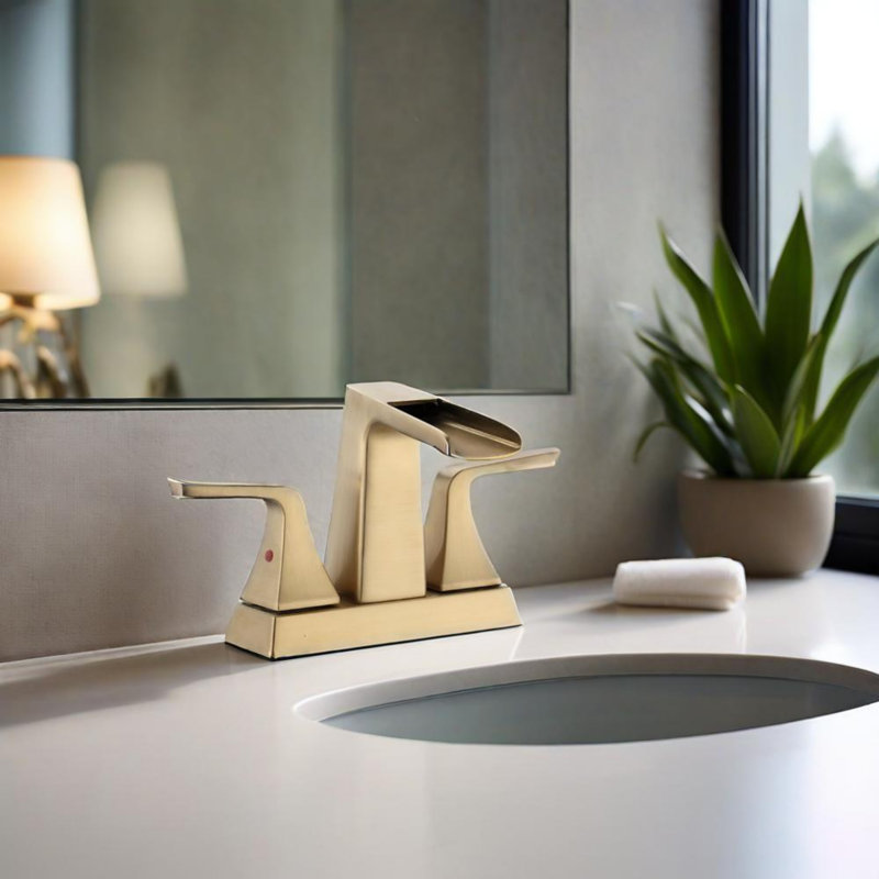Two Handle 4 Inch Centerset Waterfall Bathroom Sink Faucet, Brushed Golden