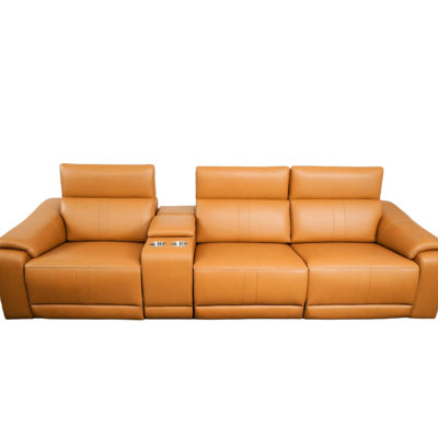 Canapé modulaire en cuir brun 4 avec 2 porte-gobelets, salon confortable, design minimaliste moderne pour les petits espaces, sièges inclinables électriques, éponge respirante et haute, rangement intégré