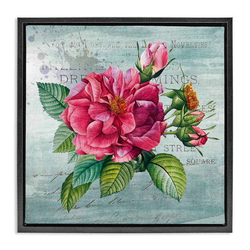 Fleur de jardin rose sur cadre flottant rustique, design par Susan Arnot, H 25 po x l 25 po, Cadre flottant noir de jais