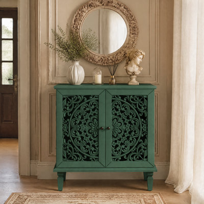 Antique Green Vintage Hollow-Carved Accent Cabinet, 2-Door Floral Display Storage Sideboard with Adjustable Shelf & Solid Wood Legs for Living Room Entryway