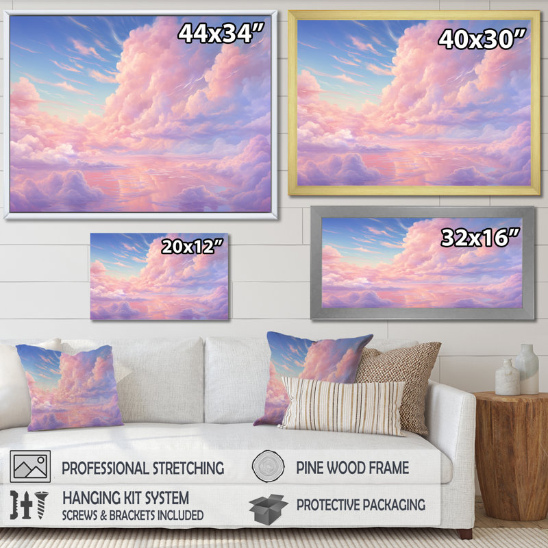 «Kawaii Clouds Landscape III», reproduction sur toile, Cadre flottant noir, H 16 po x l 32 po x P 1 po