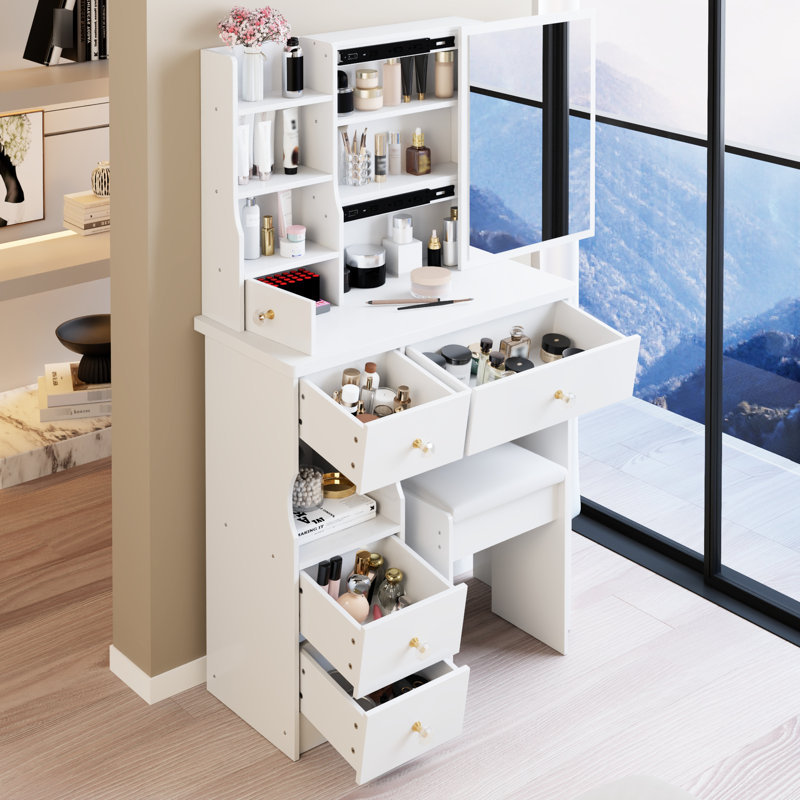 Petite coiffeuse de 29,2 po avec miroir coulissant extra large, tiroir de gauche, rangement grande capacité et tabouret rembourré, meuble-lavabo de style américain avec espace de 50,4 po blanc droit pour une utilisation restreinte