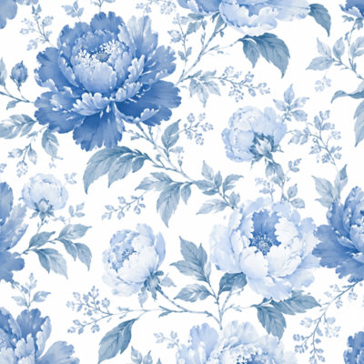 Peel and Stick Wallpaper Vintage French Floral Toile Blue Contact Paper Removable Self Adhesive Wall Mural Wall Decor for Bedroom Kitchen Cabinets 17.7in x 118in