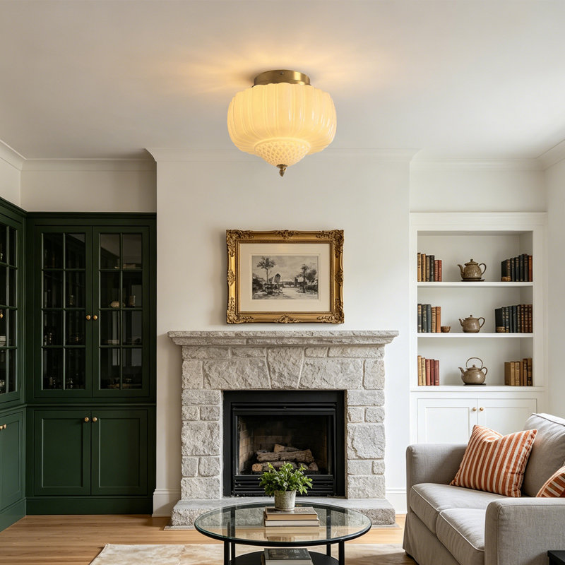 Milk Glass Semi Flush Mount Ceiling Light, Gold