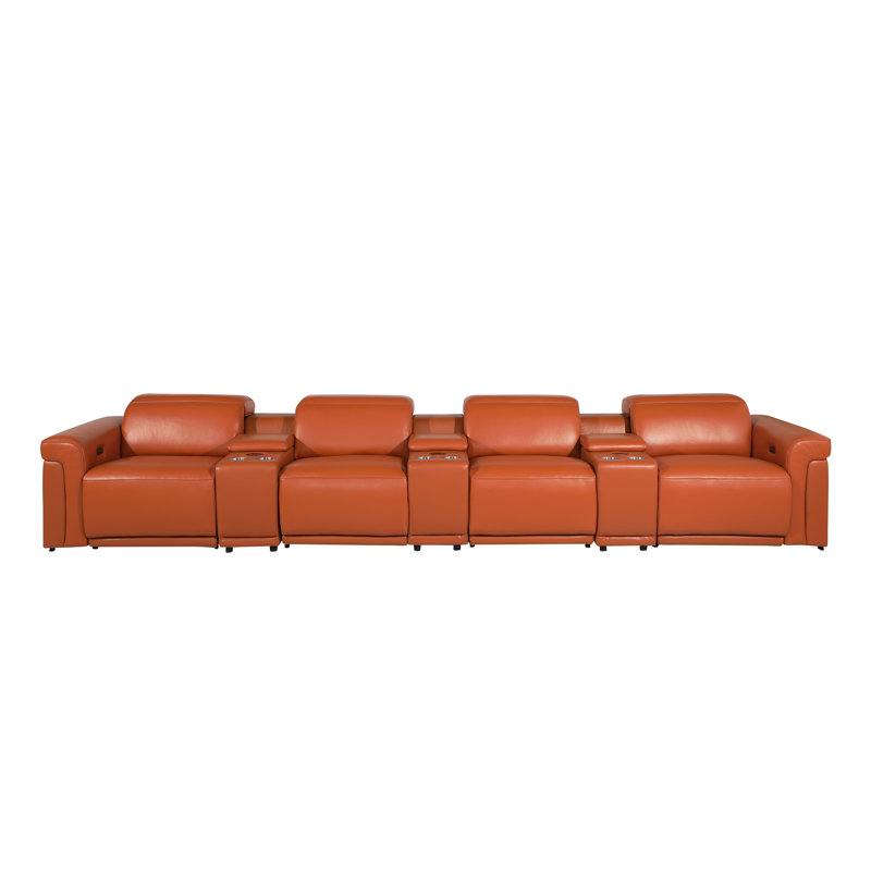 7-Piece 4-Power Reclining Italian Leather Sofa With Power Headrest, Camel