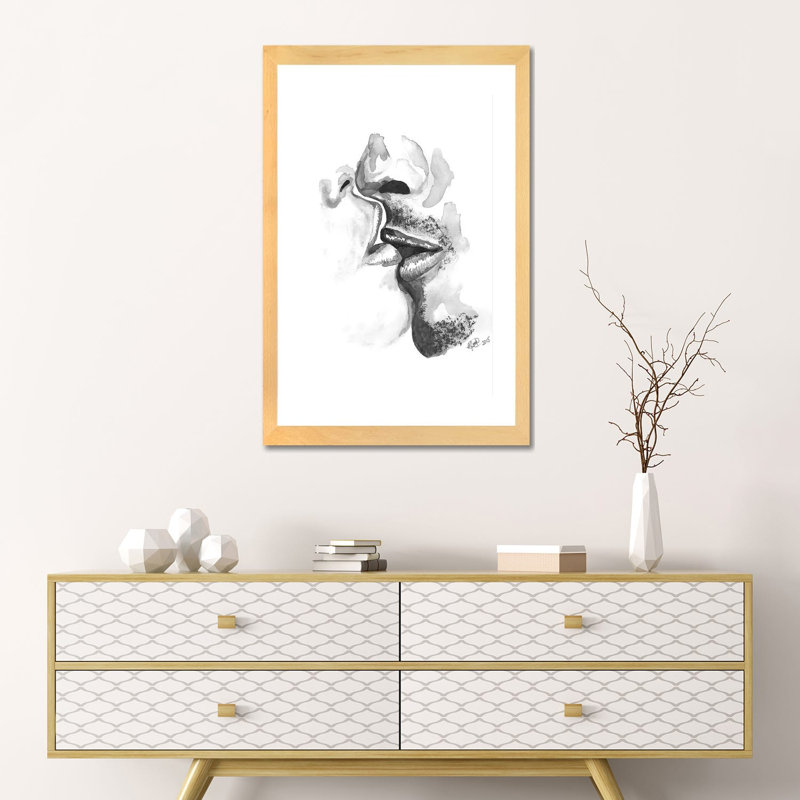 Kiss, reproduction d’art, H 24 po x l 16 po x P 1 po, Toile avec cadre en bois beige, Blanc