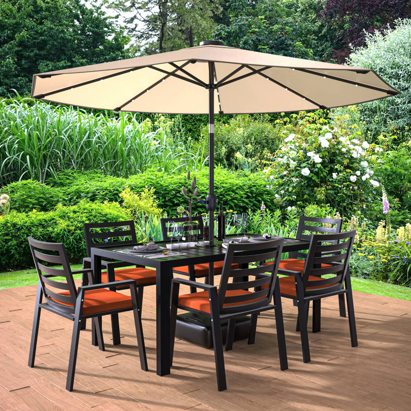Letendre 7-Piece Outdoor Dining Set Rectangular Dining Table with Slats and 6 Arm Chairs in Aluminum, Cherry