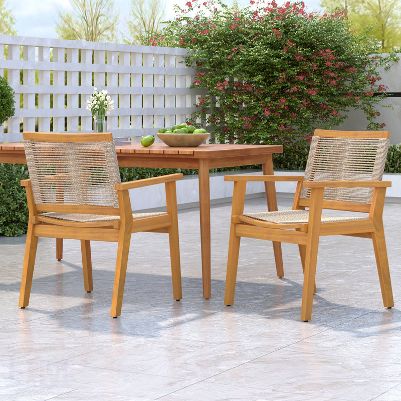 Ensemble de 2 chaises de salle à manger d'extérieur, structure en bois au fini teck et corde brune, style cour naturelle, capacité de 400 lb, sièges confortables