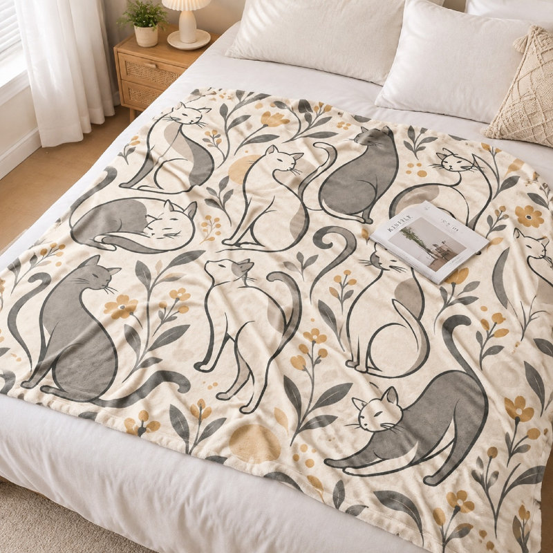 1Pcs Cute Cat Pattern Fleece Blanket - Artistic Design;Single-Sided PrintCozy and WarmMachine WashablePerfect for Living Room Bedroom DecorGreat Gifting. Bedding and sofa items