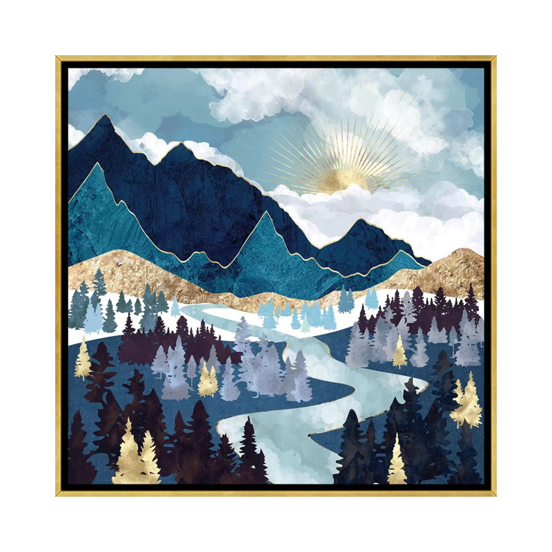 Valley Sunrise - impression d'art graphique, 18" H x 18" W x 1.5'' D, Toile encadrée d'or, Aucun mat