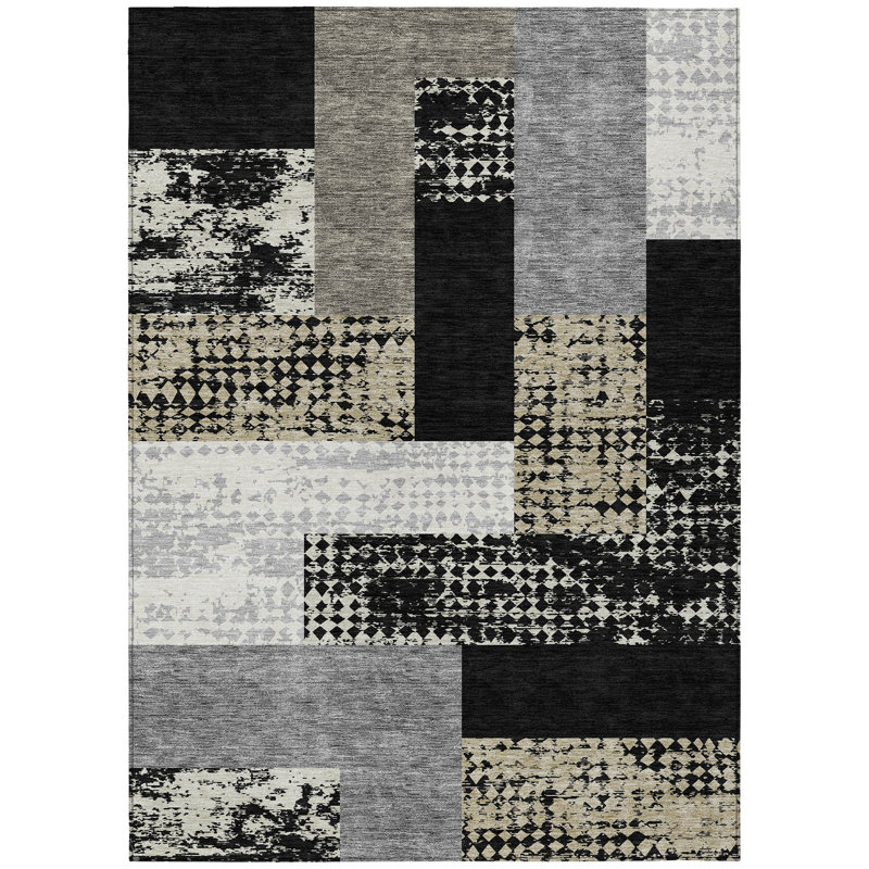 3' X 5' Black Taupe And Ivory Geometric Washable Indoor Outdoor Area Rug