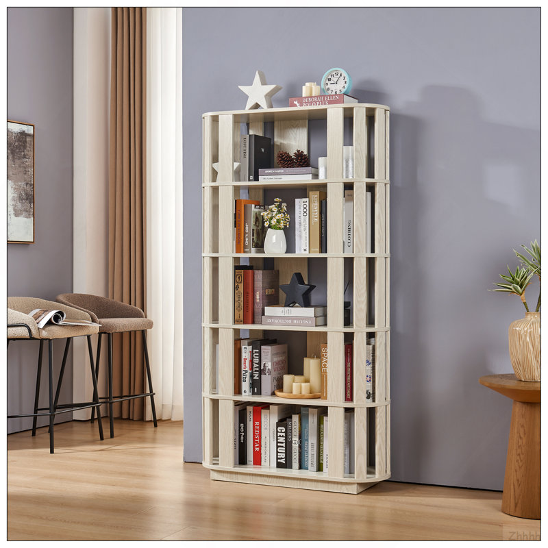 Bibliothèque ovale en bois ouverte, bibliothèque autoportante à cadre en panneau de fibres à densité moyenne, support de rangement à 5 niveaux facile à assembler pour le salon, décoration de bureau à domicile