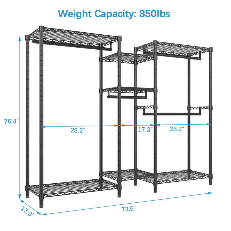 Black Heavy Duty Portable Wire Garment Rack with Shelves