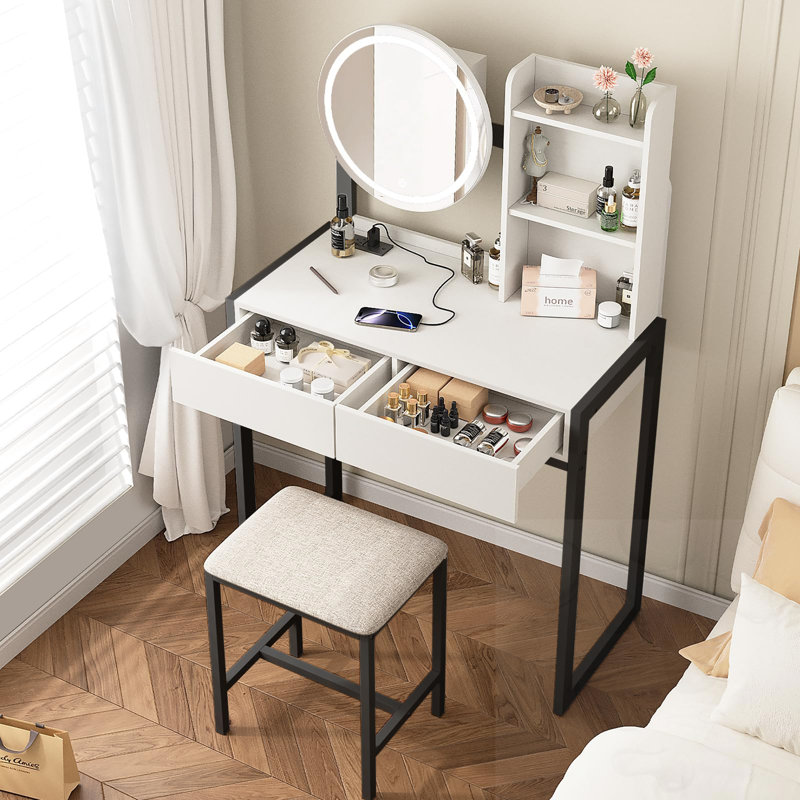 Vanity Desk With LED Mirror And Power Outlet And Cushioned Stool, Black