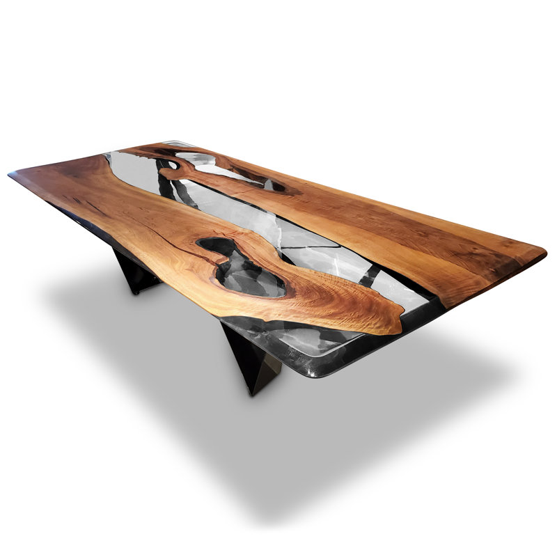 Danube Walnut Wood Dining Table, 48" W x 108.3" L, Brown/Clear/Black, Polished Black