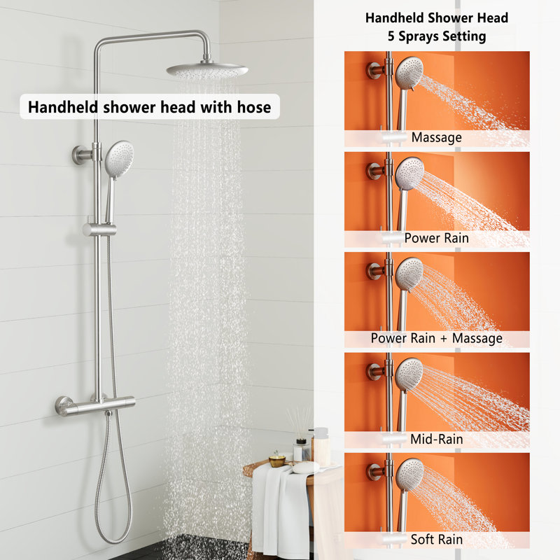 Brushed Nickel Wall Mounted Rain Shower System with Handheld