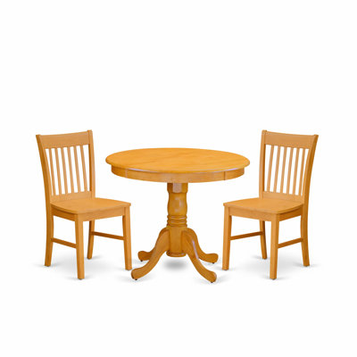 3 Piece Dining Room Table Set Contains a Round Wooden Table with Pedestal and 2 Kitchen Dining Chairs, 36x36 Inch, Oak