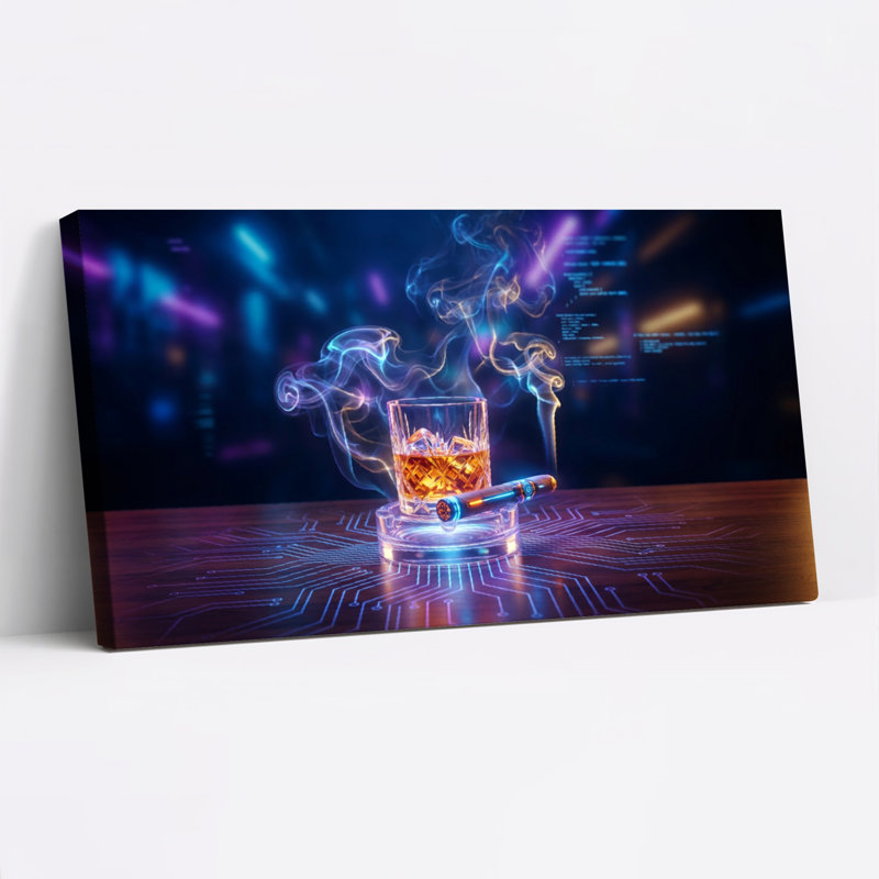 Ensemble de 1 tableau sur toile représentant un verre à whisky avec un motif de fumée numérique et de circuit imprimé.
