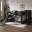 Lit mezzanine double en métal avec panier de basketball, anneaux de traction, mur d'escalade et tablettes intégrées-272278850