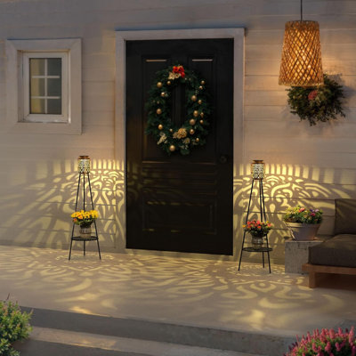 Lot de 2 lampadaires solaires extérieurs en métal avec supports pour plantes
