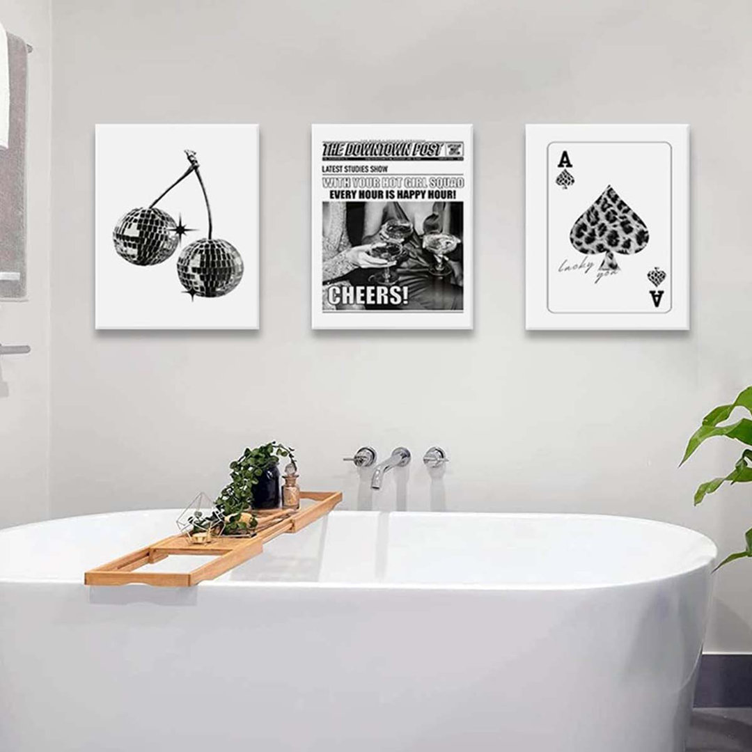 40*30,Trendy Black And White Wall Art Funky Bar Cart Canvas Set Of 3 Fashion Posters Girly Vintage Aesthetic Print Ace Poker.