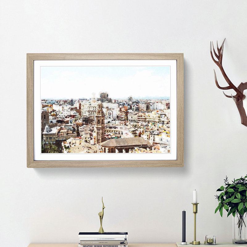 The Valencia Skyline in Spain - Picture Frame Painting Print, 27cm H x 36cm W x 2cm D, Oak Framed