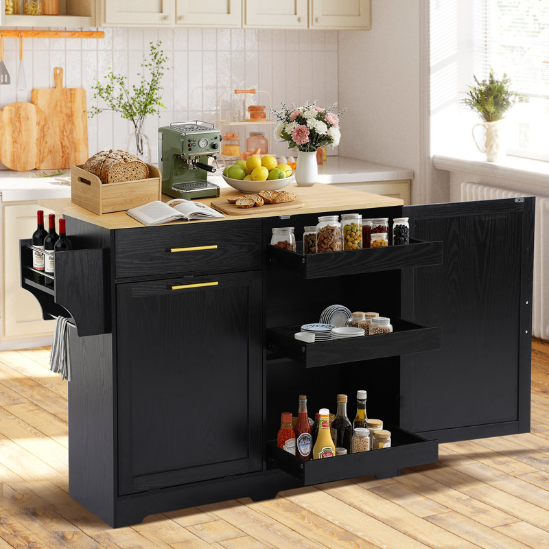 48.4" Kitchen Island With Drop Leaf And Storage Cabinet, Mobile Kitchen Rolling Bar Cart With Trash Can Cabinet And Drawer, Modern Island Table For Kitchen With Spice Rack And Towel Rack, Black