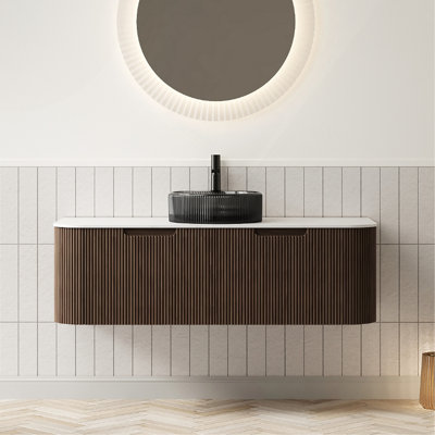 Ensemble de meuble-lavabo 48 po, 2 tiroirs, 2 lavabos ronds transparents noirs et un plateau fritté blanc, noyer foncé pré-assemblé