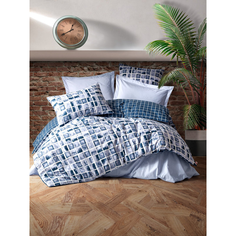 Housse de couette en coton bleu / gris / blanc Ranforce
