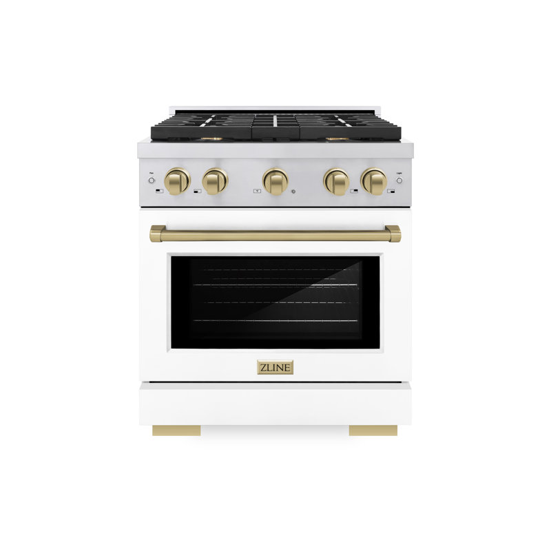 ZLINE Autograph Edition 30 in. 4.2 cu. ft. Paramount Dual Fuel Range W/ 4 Burner Gas Cooktop & Electric Convection Oven in Stainless Steel W/ White Matte Door & Champagne Bronze Accents (SDRZ-WM-30-CB)