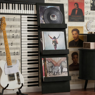 Wall Mount 3-Tier Vinyl Record Holder, 47.5" Tall, For Albums And Magazines, Black