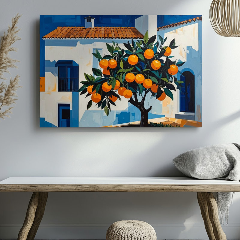 Toile orangée méditerranéenne sur toile, scène de rue avec art mural blanc délavé, H 9 po x l 12 po