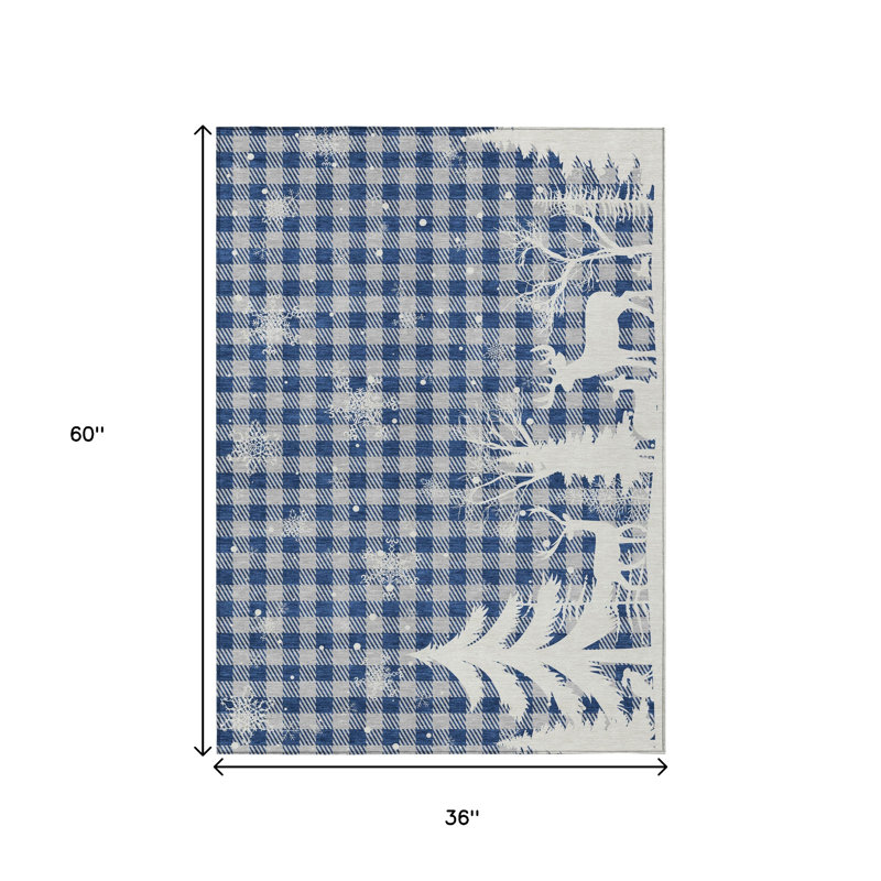 3' X 5' Blue Ivory And Gray Plaid Washable Indoor Outdoor Area Rug