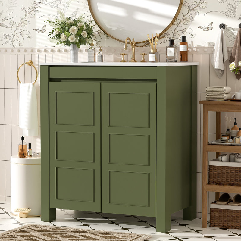 30" Single Bathroom Vanity With Ceramic Top, Olive Green