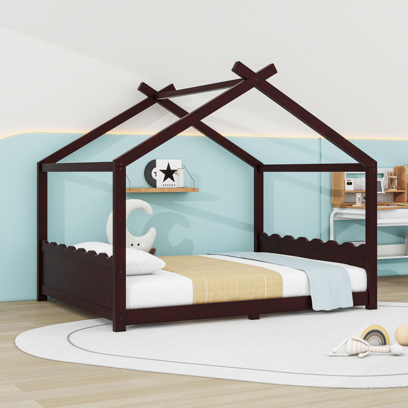 Wood House Floor Bed With Slats, Espresso, Queen