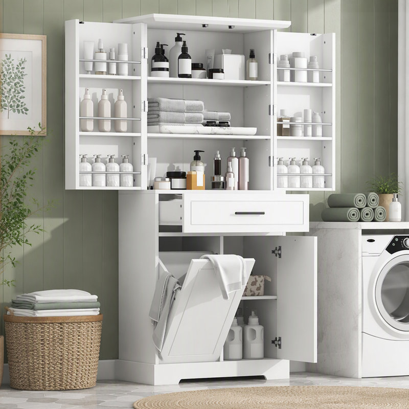 Armoire de rangement autoportante avec portes et tiroirs, panier à linge inclinable, tablette réglable, plusieurs espaces de rangement, blanc
